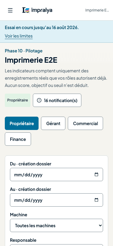 Capture réelle du module Tableau de bord d’Impralya